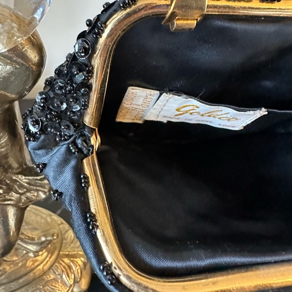 Vintage Black Beaded Clutch Handbag Sequence Gold Hardware Art Deco - Picture 7 of 10